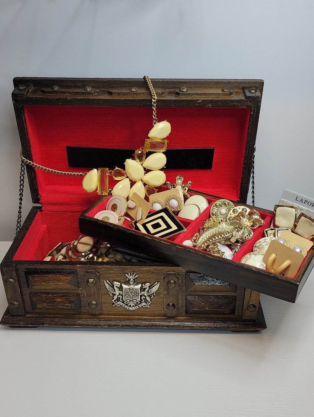 Vintage Wooden Jewelry Box Filled With Gold & Cream Tone Jewelry